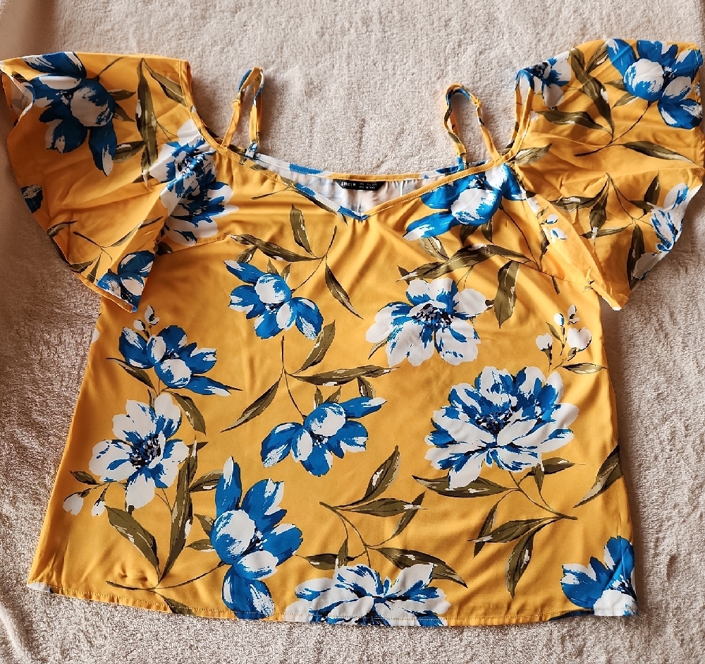 Yellow  and Blue Puff Sleeve Crop Blouse